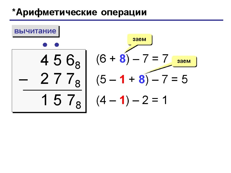 *Арифметические операции вычитание 4 5 68  –   2 7 78 